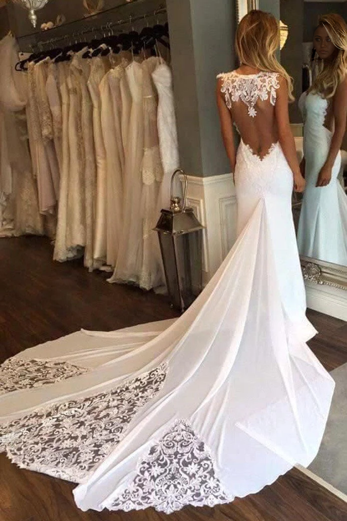 Vestidos de novia sencillos de sirena con apliques de capilla y cola sin mangas